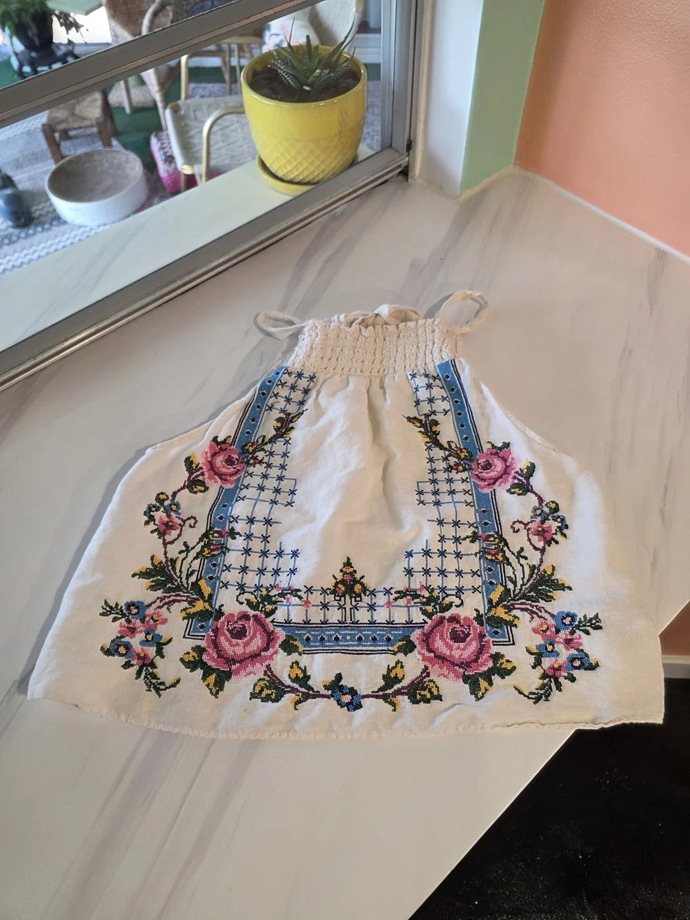Free People XS Honey Pie Cream Halter Crop Top with Pink Rose Embroidery